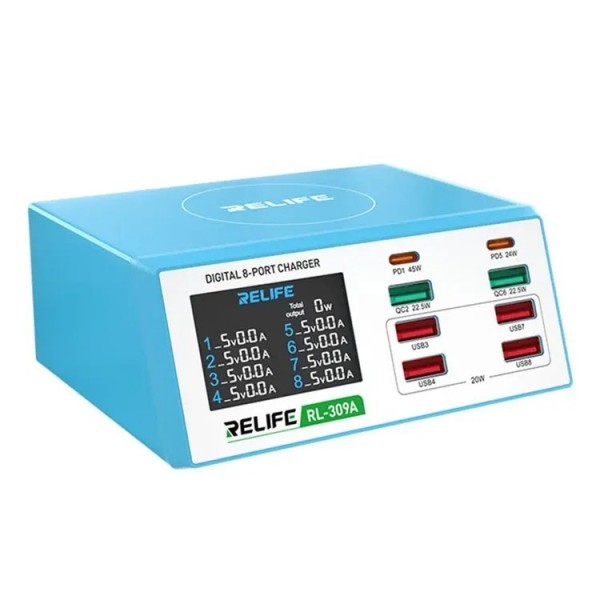 Incarcator Statie Relife RL-309A, 100W, 4.5A, 2 x USB-C - 6 x USB-A, Albastru