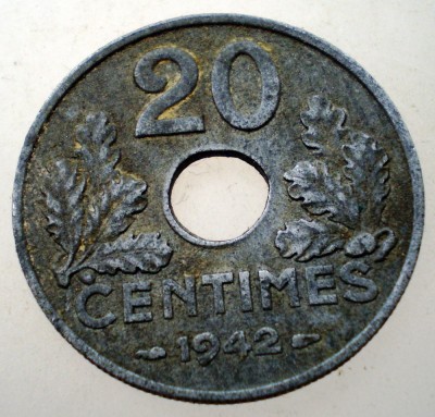 7.753 FRANTA WWII 20 CENTIMES 1942 ZINC foto