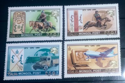 Mongolia 1999 UPU, călăreț,cai,cai ferate,avion, mașini i serie 4v nestampilata foto