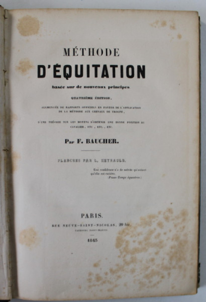 METHODE D &#039;EQUITATION BASEE SUR DE NOUVEAUX PRINCIPES par F. BAUCHER , PLANCHE par L. HEYRAULD , 1845