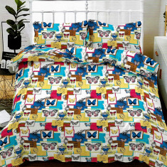 Lenjerie de pat pentru o persoana cu husa elastic pat si fata perna dreptunghiulara, Alive, bumbac mercerizat, multicolor