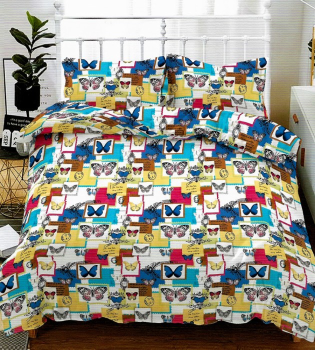 Lenjerie de pat matrimonial cu husa elastic pat si fata perna patrata, Alive, bumbac mercerizat, multicolor