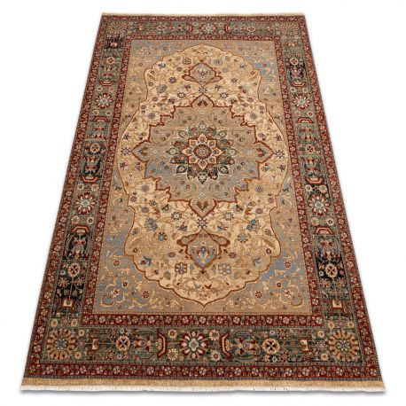 Covor L&acirc;nă KESHAN franjuri, Rozetă oriental 7519/53555 bej / albastru inchis, 200x290 cm