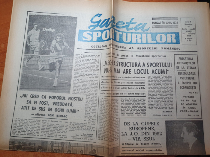 gazeta sporturilor 16 ianuarie 1990-articol steaua bucuresti,interviu ion tiriac