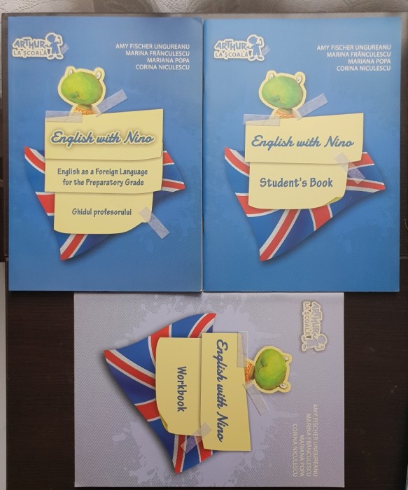 3 x ENGLISH WITH NINO: Cartea elevului (Student&#039;s Book) + Caietul elevului (Workbook) +Ghidul profesorului (include cartoline) - Amy Fischer Ungureanu