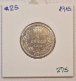 275 Serbia, 1 Dinar 1915, KM#25, argint, Petar I, Europa