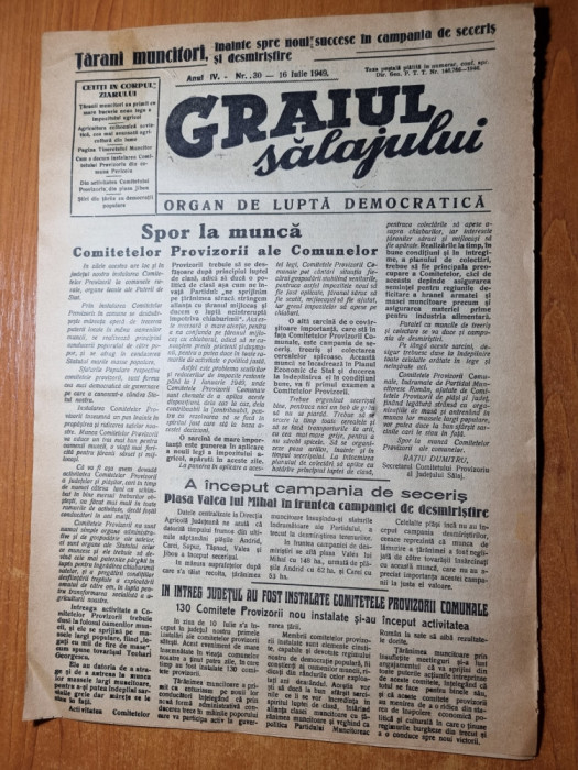 graiul salajului 16 iulie 1949-art.zalau ,jibou,carei,coumuna cristotel,periceiu