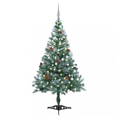 vidaXL Brad Crăciun pre-iluminat &amp;icirc;nghețat globuri/conuri pin, 150 cm 3077699 foto