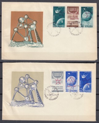 ROMANIA 1958 LP 459 a SATELITI ARTIFICIALI AI PAMANTULUI TRIPTIC CU VINIETA SUPRATIPAR BRUXELLES/PLIC PRIMA ZI A EMISIUNII foto