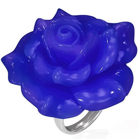 Inel lucios din oțel - trandafir albastru din rășină - Marime inel: 49