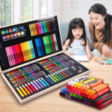 Set 180 piese pentru desen pentru copii sau adulti, creioane colorate, vopsele si markere, cu geanta de transport din LEMN MASIV, model AVX-WT-ART-10, AVEX