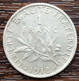 (A1052) MONEDA DIN ARGINT FRANTA - 1 FRANC 1918, SEMANATOAREA