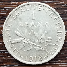 (A1052) MONEDA DIN ARGINT FRANTA - 1 FRANC 1918, SEMANATOAREA