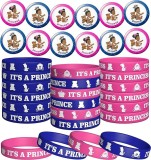 Set de 24 bratari si 24 insigne Haooryx , pentru Baby Shower, silicon/metal, roz/albastru, 10 x 10 x 10 mm