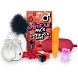 Set erotic AMOUR PACK Spice Up Your Love, cu stimulator, inel pentru penis vibrator, mască, cătușe, zaruri, pană pentru stimulare și petale, pentru cu