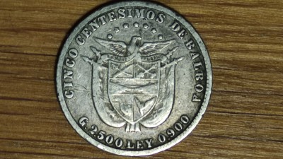 Panama - argint 0.900 - foarte rar - 5 centesimos 1904 - an unic de batere - foto