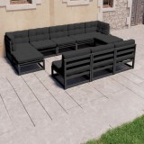 vidaXL Set mobilier grădină cu perne, 8 piese, negru, lemn masiv pin 3077148