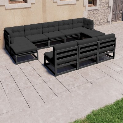 vidaXL Set mobilier grădină cu perne, 8 piese, negru, lemn masiv pin 3077148 foto