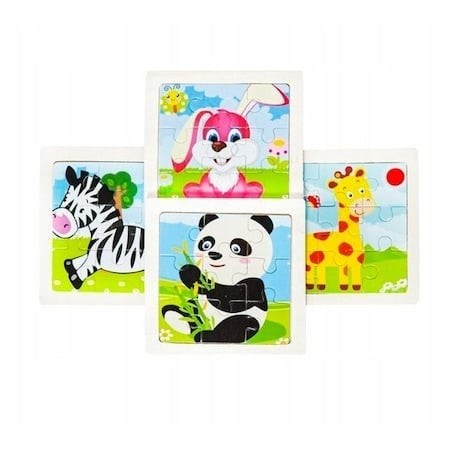 Set 4 puzzle din lemn pentru copii, 36 piese, iepure, zebra, girafa, panda - Multicolor