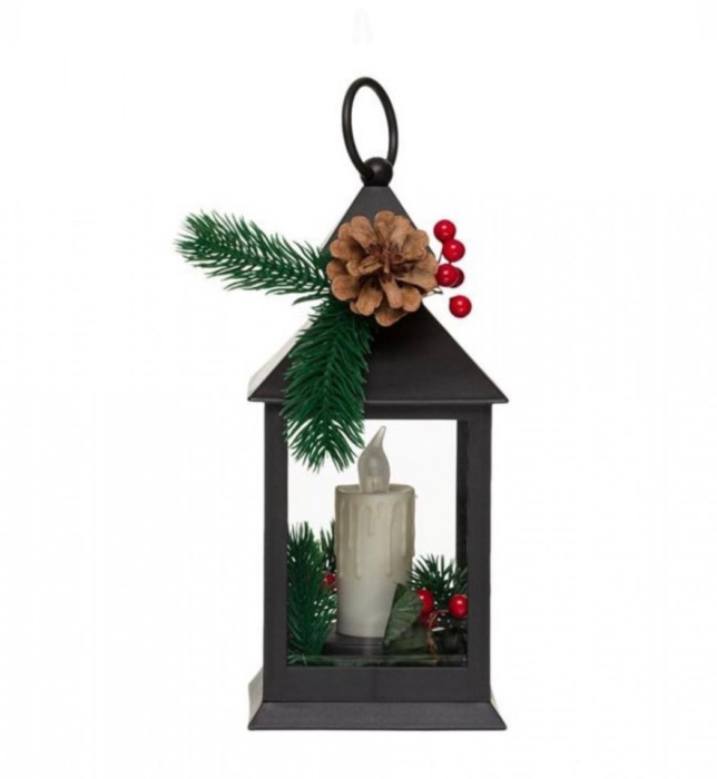 Felinar decorativ de Craciun cu lumini LED, model Lumanare si con de brad