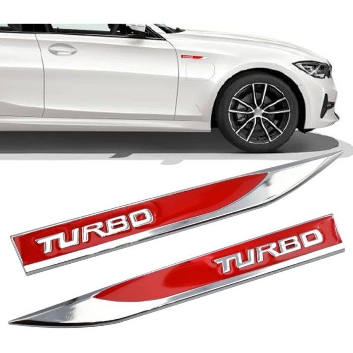 Set 2 embleme auto metalice turbo 3d &acirc; reliefate, adeziv autoadeziv, 14.6 x 1.8 cm, montaj rapid