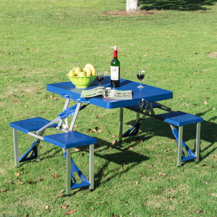 Outsunny Măsuță de picnic pliabilă portabilă din aluminiu și plastic cu 4 scaune, Albastru deschis