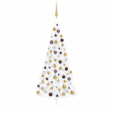 VidaXL Jumătate brad Crăciun pre-iluminat cu set globuri, alb, 180 cm