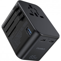 Adaptor priza universal Choetech PD5009 GaN, 2x USB-C, 1x USB-A, PD 65W, negru