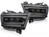 Set de faruri LED de tuning potrivit pentru Dodge Ram 1500 2019-2022 cu baza neagra, cu semnale de &icirc;ntoarcere dinamice, pentru modelul cu lumini DRL d