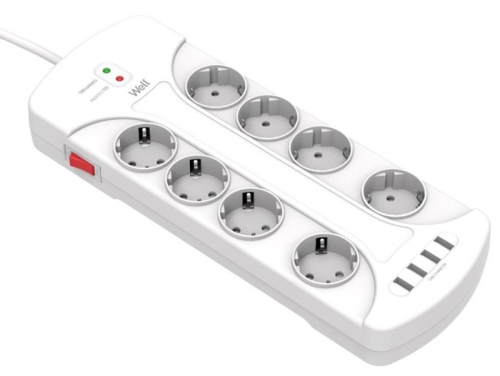 Prelungitor 8c 3m cu protectie alb+intr+4xUSB 3x1.5mmp