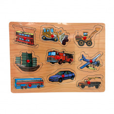 Puzzle educativ incastru Montessori cu masini si utilaje, Onore, multicolor, lemn, 30 x 22.5 cm, 9 p