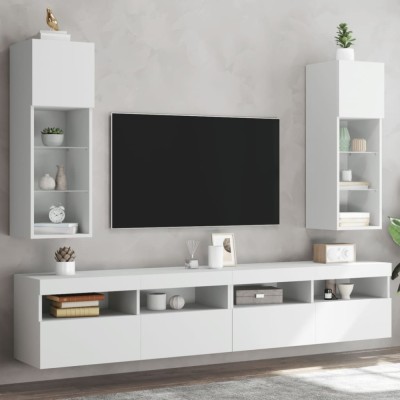 vidaXL Comode TV cu lumini LED, 2 buc., alb, 30,5x30x90 cm foto