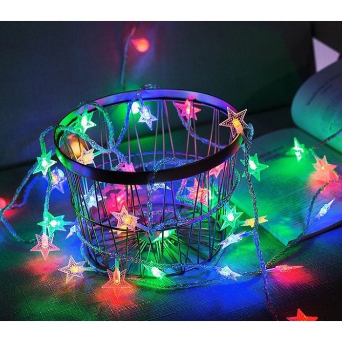 Instalatie Craciun cu baterii, 6 metri, 40 LED-uri tip Stea, fir Transparent, alb cald, Flippy