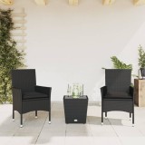 Set bistro cu perne, 3 piese, negru, poliratan și sticlă