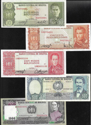 Set Bolivia 10 + 50 + 100 + 500 + 1000 pesos bolivianos starea din scan foto