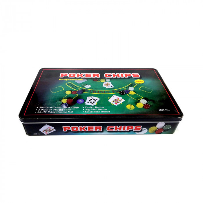 Set Poker, 33.5 x 19.5 x 5 cm, 300 chips, buton small/big blind, buton dealer, carti de joc, Multicolor