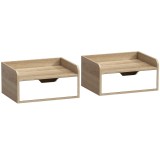 HOMCOM Set de 2 noptiere murale, noptiere cu sertar și blat cu margini ridicate, 40x30x19,5cm, lemn natural | Aosom Romania