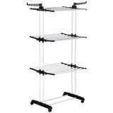 HOMCOM Uscător de Rufe Tip Turn cu 4 Niveluri, Suport pentru Uscat Rufe cu Aripi Laterale Pivotante și 4 Roți, 73x64x177 cm, Negru