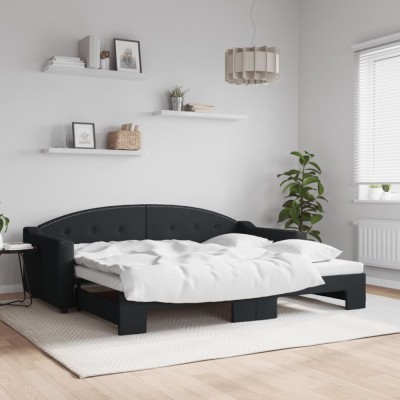 vidaXL Pat de zi cu extensie, negru, 90x200 cm, textil 3197532 foto
