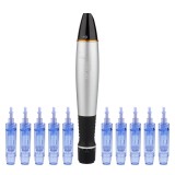 Aparat masaj facial, Dermapen, 10 capete rezerva cu 12 ace din titan, Dr.Pen Ultima A1-C, Pentru regenerarea pielii, Negru/Gri