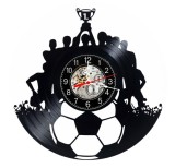 Ceas de perete decorativ realizat din disc de vinil, Model Fotbal Echipa Campioana Minge Trofeu Locul 1, Negru, 30 cm