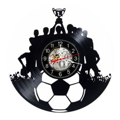 Ceas de perete decorativ realizat din disc de vinil, Model Fotbal Echipa Campioana Minge Trofeu Locul 1, Negru, 30 cm