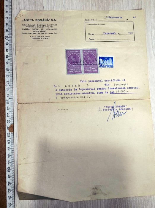 ACT FISCALIZAT .TIMBRAT - ASTRA ROMANA /IMPRUMUTUL PENTRU INZESTRAREA ARMATEI