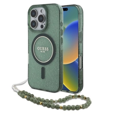 Husa pentru iPhone 16 Pro - Guess IML Glitter with Pearl Strap MagSafe (GUHMP16LHGCRELSA) - Green foto