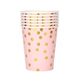 Set 10 pahare, flippy, imprimeu cu buline, din carton, 250 ml, 7.5 x 8.5 x 5.2 cm, roz/auriu