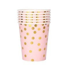 Set 10 Pahare, Cyrax, Imprimeu cu Buline, din Carton, 250 ml, 7.5 x 8.5 x 5.2 cm, Roz/Auriu