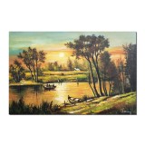 Tablou gigant peisaj cu apus de soare pictat manual, Calmitate, 120x80cm ulei pe panza, Constantin Feraru