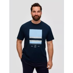 s.Oliver Tricou barbati big size cu decolteu la baza gatului si imprimeu cu logo bleumarin inchis