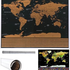 Hartă Mondială de Perete Razuibila, 82x59cm, Inclus Tub pentru Transport, Set 0.25kg, Negru și Auriu