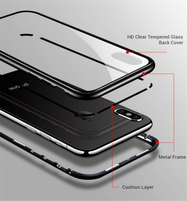 Husa cu Bumper din Aluminiu cu prindere Magnetica si spate din Sticla Temperata Securizata pentru iPhone X Black